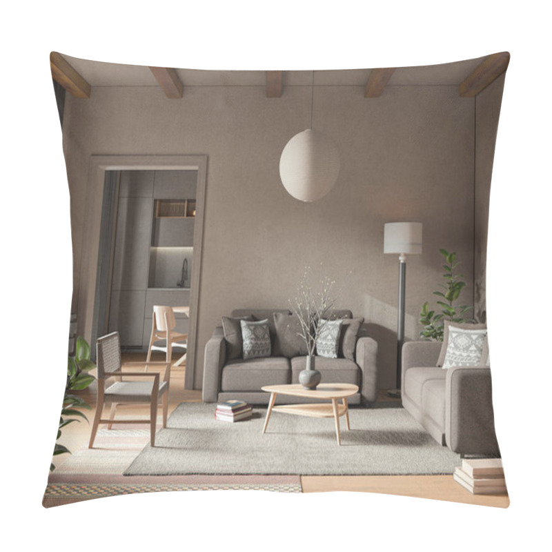 Personality  Contemporary Interior Design Of The Living Room With Stucco Walls And Rafter Ceiling. Beautiful Decoration. Mock Up, 3d Rendering Pillow Covers