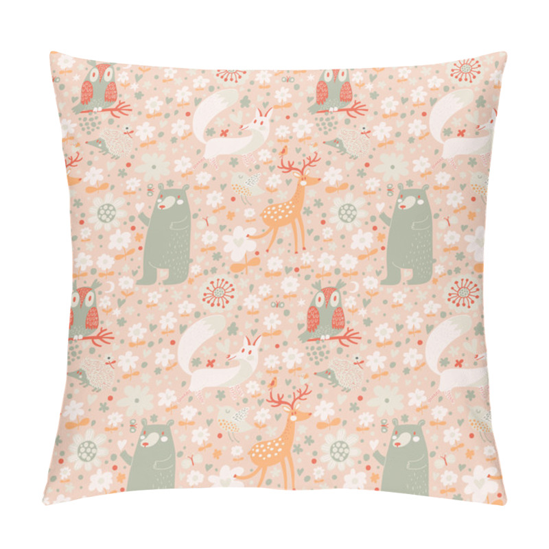 Personality  Fox, Bear, Rabbit, Owl, Snail In Trees And Flowers. Pillow Covers