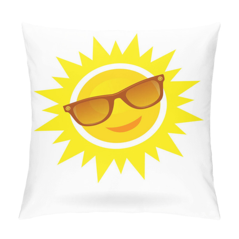 Personality  Cheerful, Smiling Cartoon Sun In Sunglasses On White Background. Pillow Covers