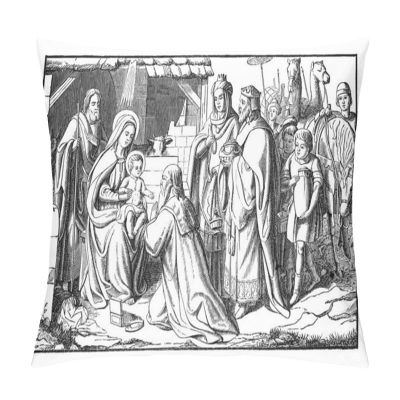 Personality  Three Wise Men Or Kings Visit Newborn Jesus In Bethlehem And Giving Him Gifts.Bible, New Testament,Matthew 2.Vintage Antique Drawing Pillow Covers