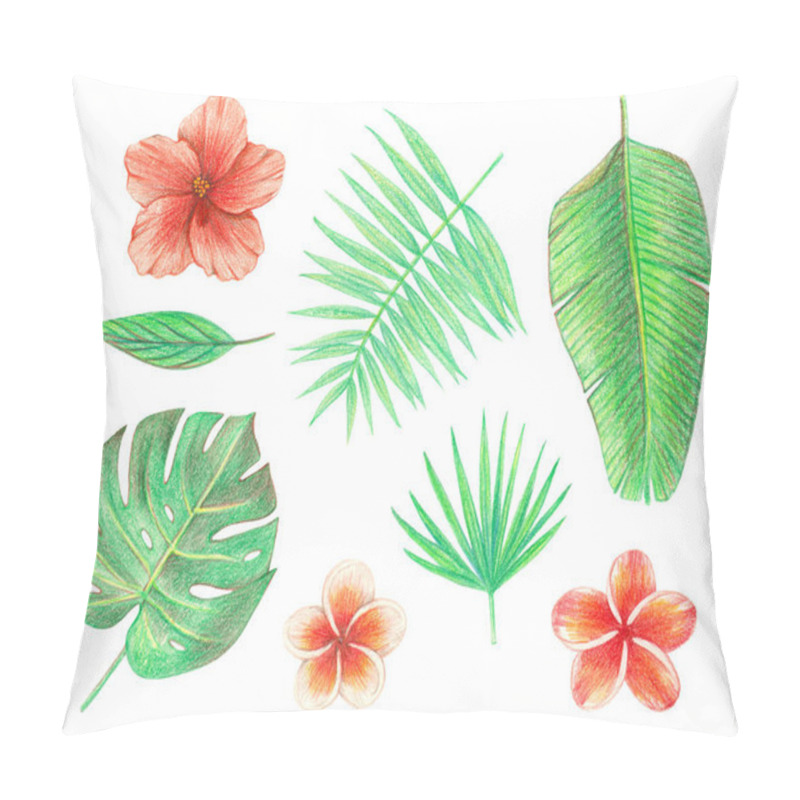 Personality  Tropical Exotic Leaves And Flowers. Palm Leaves, Hibiscus And Plumeria. Hand Drawing Colored Pencils Illustration. Isolated Elements Pillow Covers