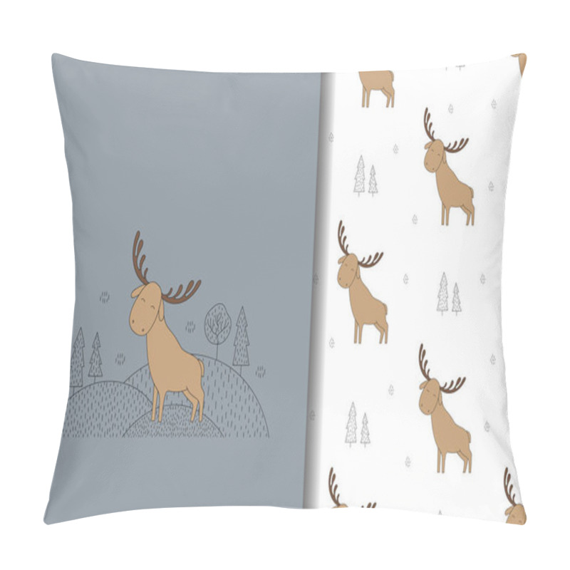 Personality  Cute Moose Hand Drawn Card And Seamless Pattern. Illustration For Kids. Pillow Covers