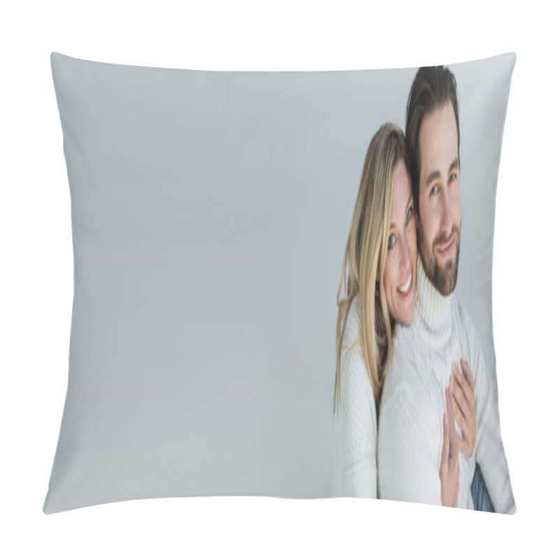 Personality  Cheerful Woman Hugging Bearded Man In White Sweater And Looking At Camera Isolated On Grey, Banner Pillow Covers