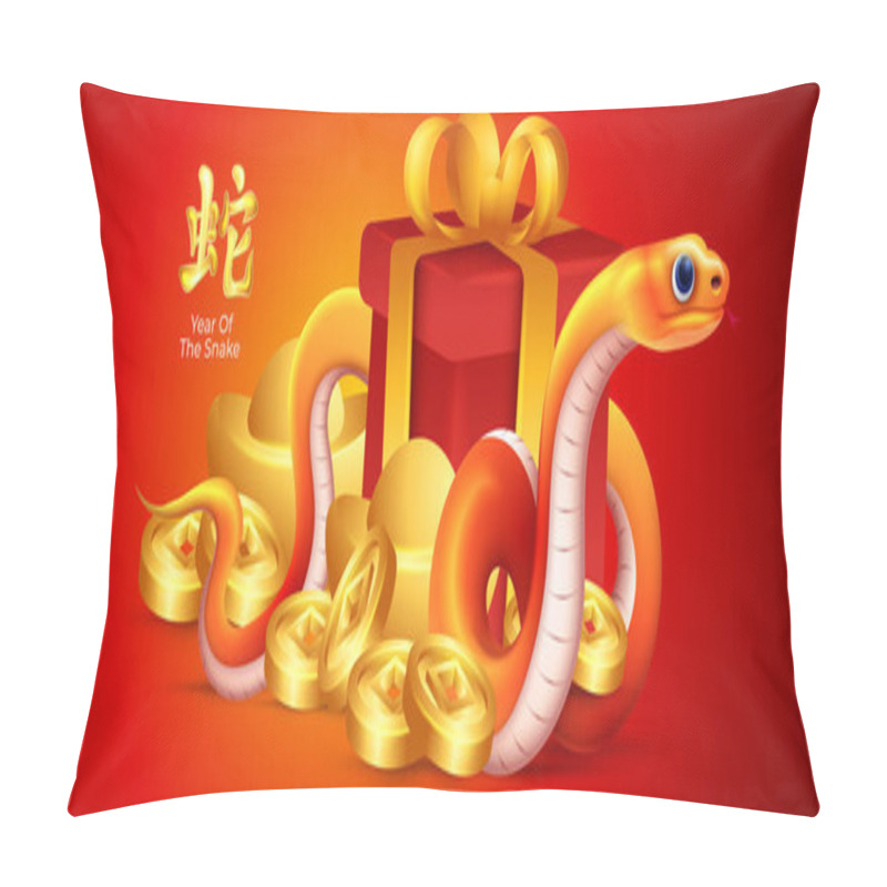 Personality  Chinese New Year 2025, Cartoon Gold Snake With Coins, Ingots And Red Gift Box Illustration  Pillow Covers