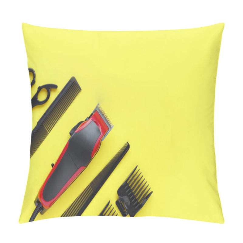 Personality  Hairdressers Tool. Hair Clipper Close-up On A Yellow Background With Nozzles Of Different Sizes. Pillow Covers