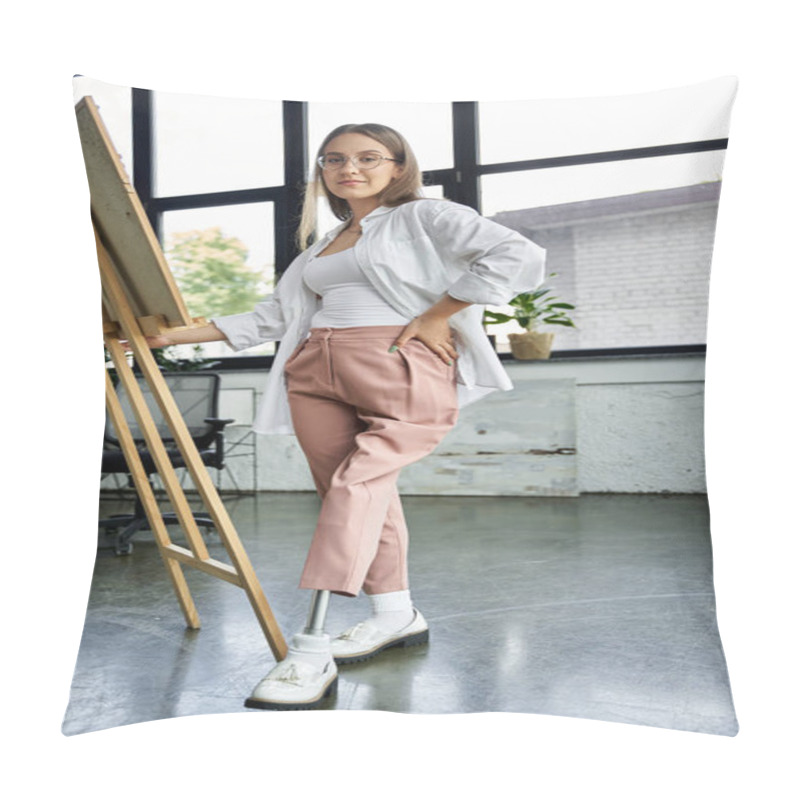 Personality  A Woman With A Prosthetic Leg Poses Confidently Near A Wooden Easel. Pillow Covers