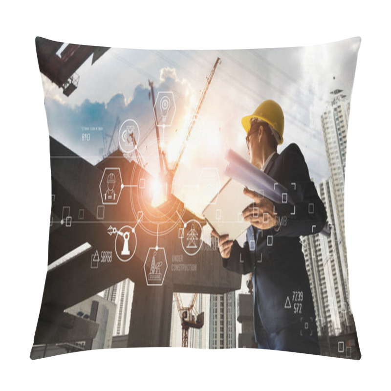 Personality  A Futuristic Architect, Businessman, Industry 4.0. Engineer Manager Using Tablet With Icon Network Connection In Construction Site, Industrial And Innovation. Industry Technology Concept. Pillow Covers