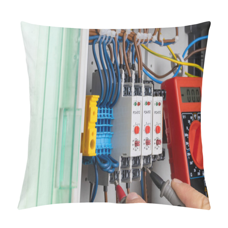 Personality  Electrician Testing Circuit Connections With Multimeter Pillow Covers