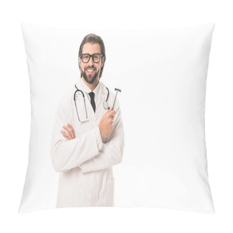 Personality  Handsome Bearded Doctor In White Coat And Eyeglasses Holding Reflex Hammer And Smiling At Camera Isolated On White Pillow Covers