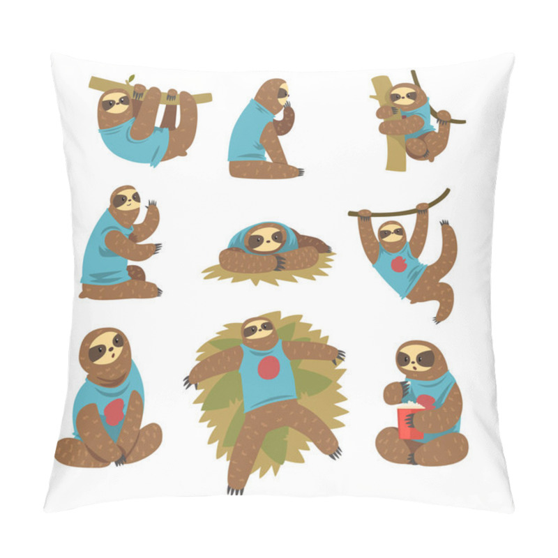 Personality  Funny Sloths Set, Lazy Exotic Rainforest Animal Character In Different Postures Vector Illustrations On A White Background Pillow Covers