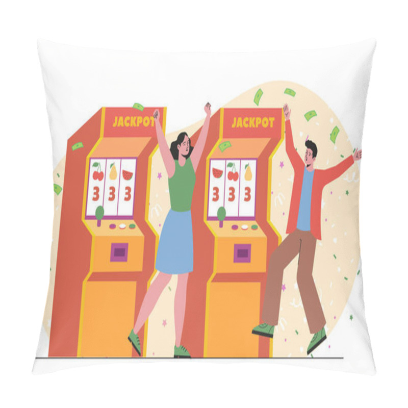 Personality  Two Happy People Celebrate Winning At Slot Machines With Confetti And Cash In The Air. Bright, Colorful Design On A Light Background. Concept Of Success. Vector Illustration Pillow Covers