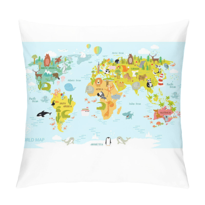 Personality  Vector Map Of The World With Cartoon Animals For Kids. Europe, Asia, South America, North America, Australia, Africa. Lion, Crocodile, Kangaroo. Koala, Whale, Bear, Elephant, Shark, Snake, Toucan. Pillow Covers