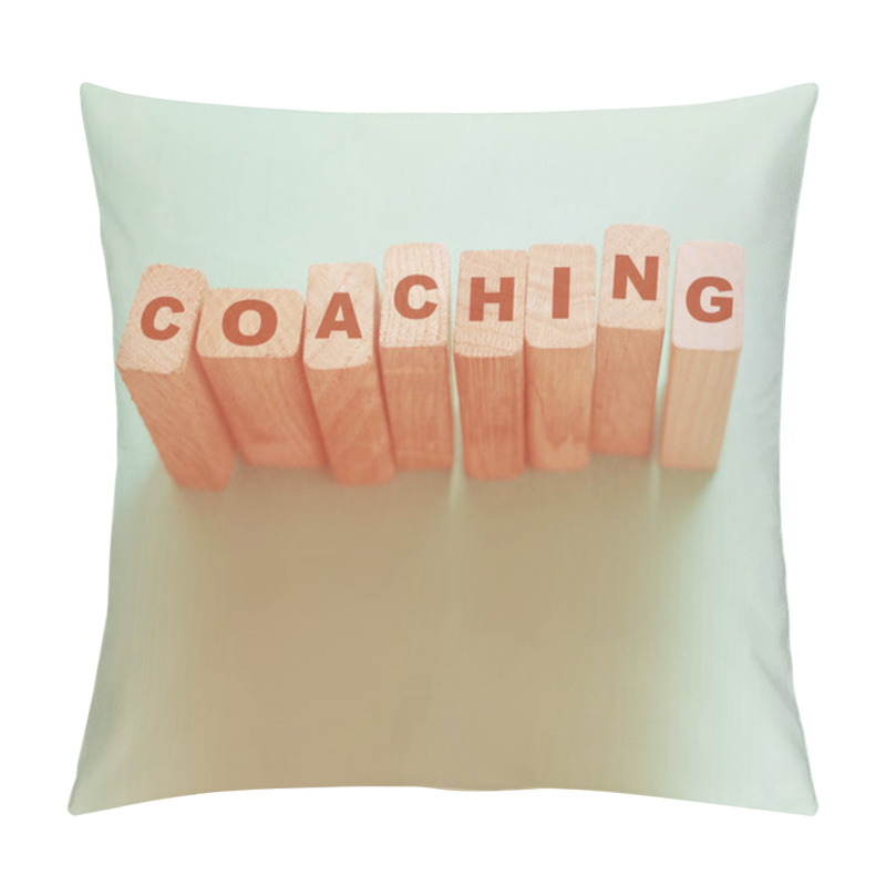 Personality  Coaching Word On Wooden Blocks On Aqua Blue Background. Personal And Business Achievements Concept. Pillow Covers