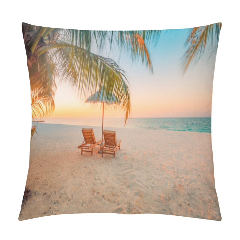 Personality  Beautiful Beach Background For Summer Travel With Sun, Coconut Tree And Beach Wooden Bed On Sand With Beautiful Blue Sea And Blue Sky. Summer Mood Sun Beach Background Concept. Pillow Covers