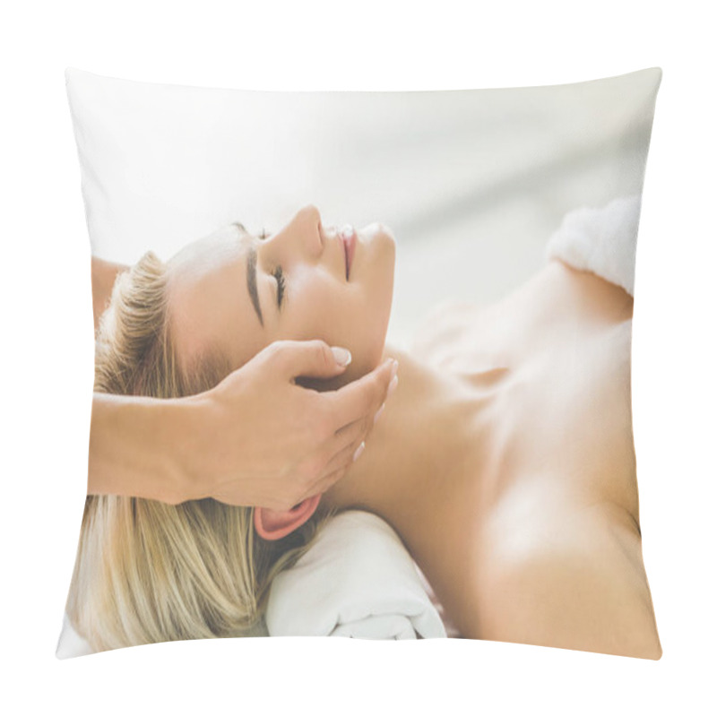 Personality  Smiling Young Woman Having Facial Massage At Salon Pillow Covers