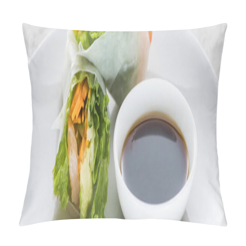 Personality  Panoramic Shot Of Tasty And Served Spring Rolls With Soy Sauce On White Plate  Pillow Covers