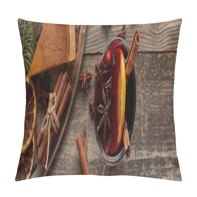 Personality  Top View Of Red Spiced Mulled Wine Near Fir Branch, Pie, Berries, Anise, Orange Slices And Cinnamon On Wooden Rustic Table, Panoramic Shot Pillow Covers