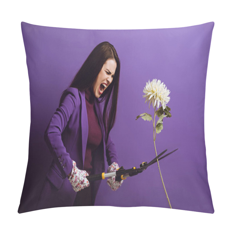 Personality  Angry Young Woman Cutting Chrysanthemum With Gardening Scissors On Purple Background Pillow Covers