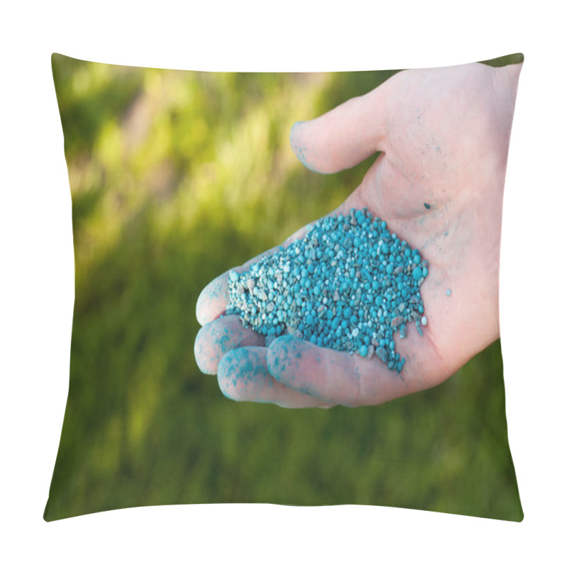 Personality  Organic Nitrogen Fertilizer For The Lawn In The Form Of A Blue Pellet In A Person's Hand On A Green Blurred Background With A Place For Text Pillow Covers