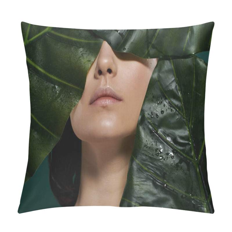 Personality  A Womans Face Framed By Large, Vibrant Green Leaves, With Water Droplets On The Leaves. Pillow Covers