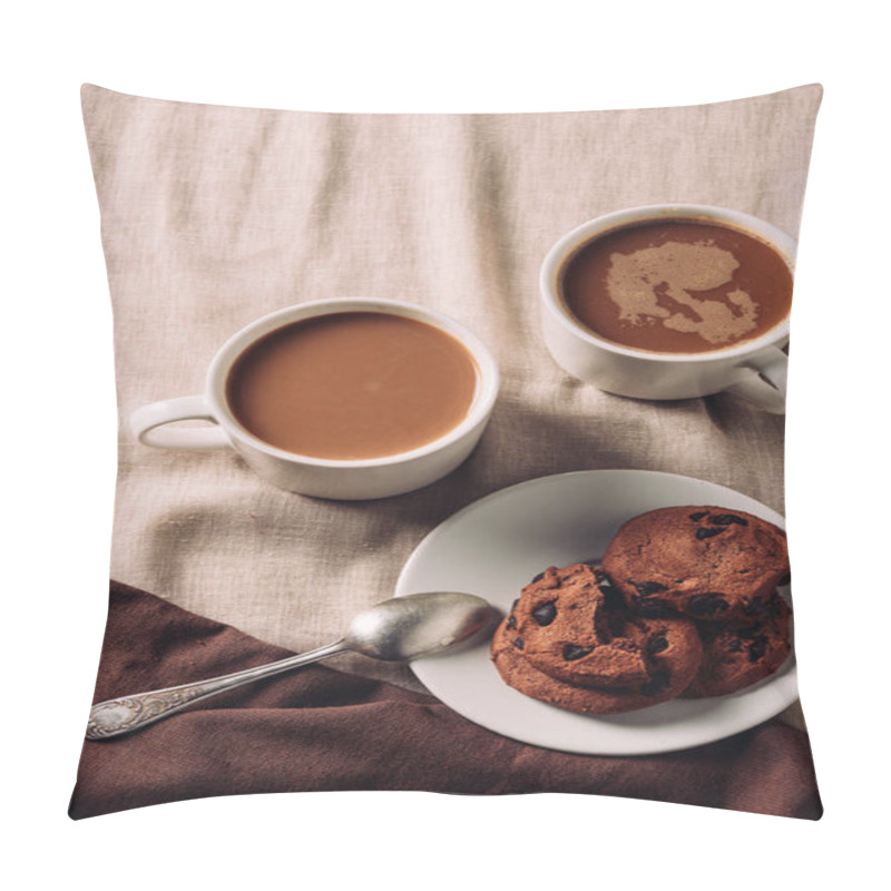 Personality  Top View Of Cups Of Coffee With Delicious Chocolate Chip Cookies On Beige Cloth Pillow Covers