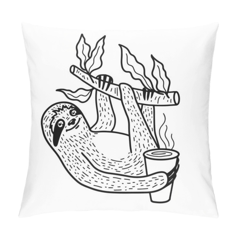 Personality  Cute Sloth Nahging On A Tree Branch With A Cup Of Hot Coffee. Hand Drawn, Doodle Style Vector Illustration Pillow Covers