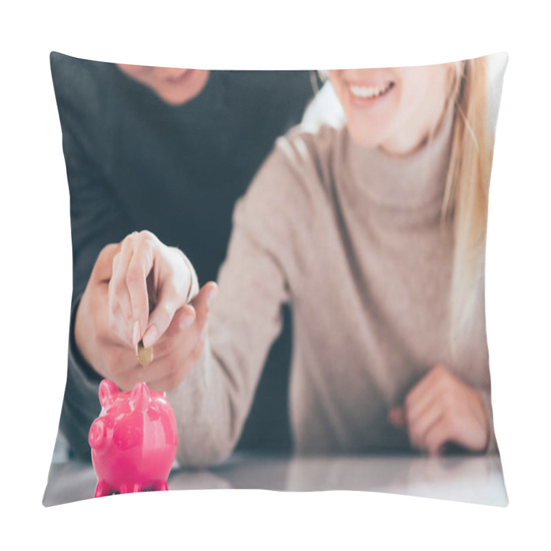 Personality  Cropped Shot Of Happy Couple Putting Coin Into Pink Piggy Bank Pillow Covers