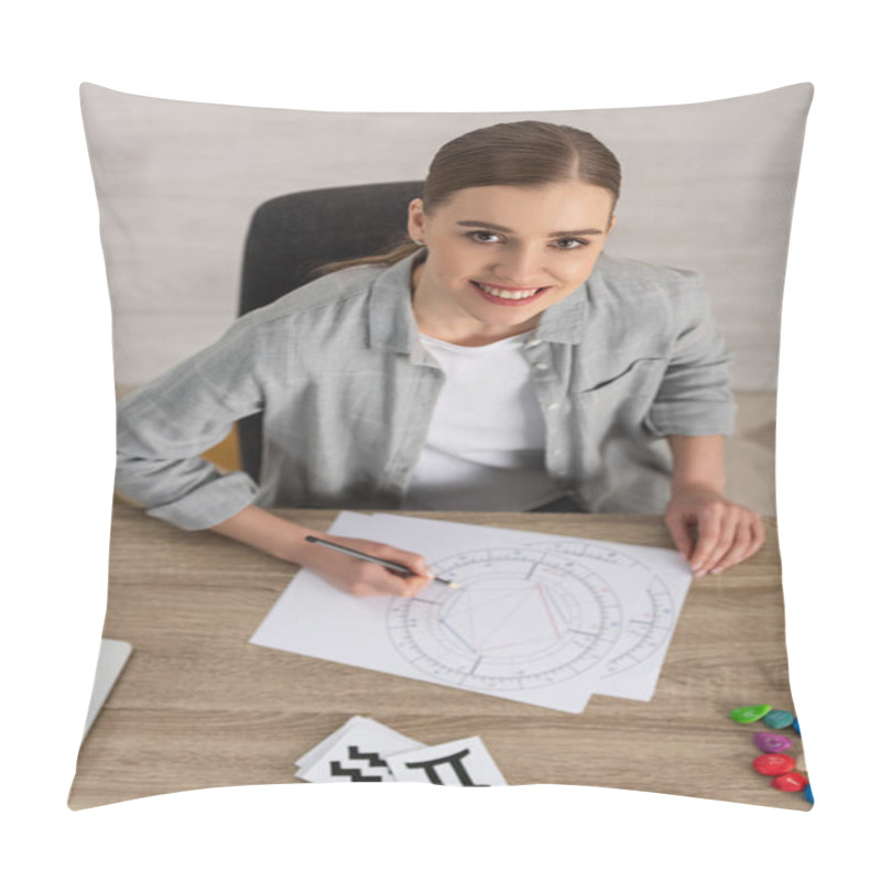 Personality  Beautiful Smiling Astrologer Drawing Natal Chart By Cards And Stones With Zodiac Signs On Table Pillow Covers