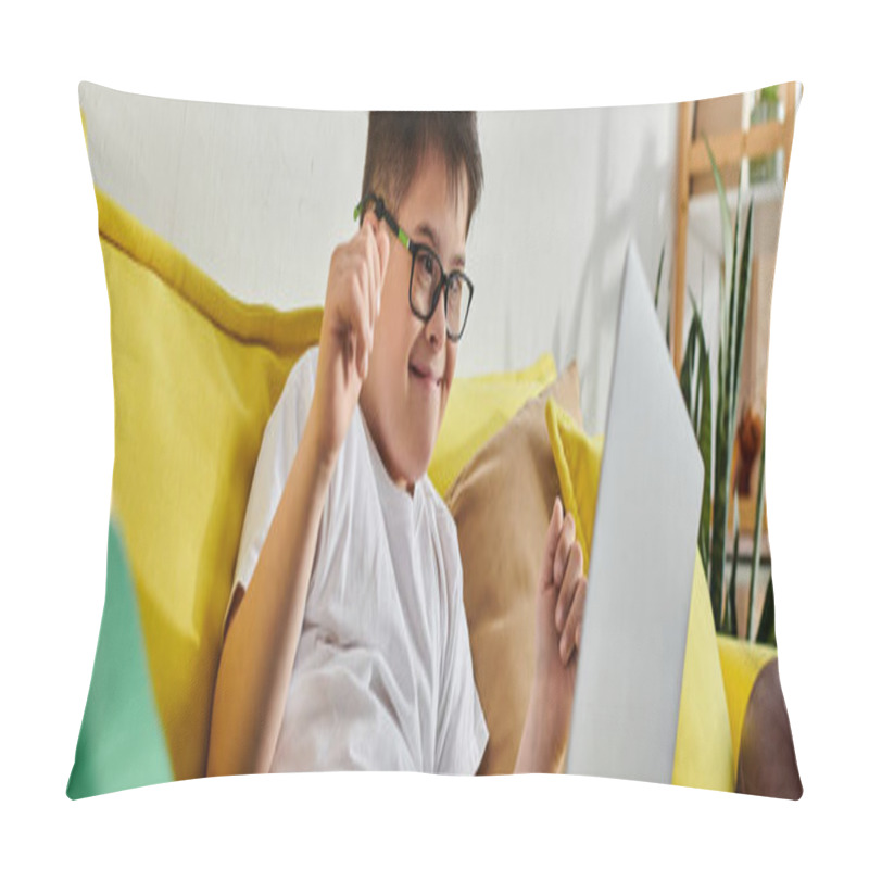 Personality  A Boy With Down Syndrome Working On A Laptop While Seated On A Yellow Couch. Pillow Covers