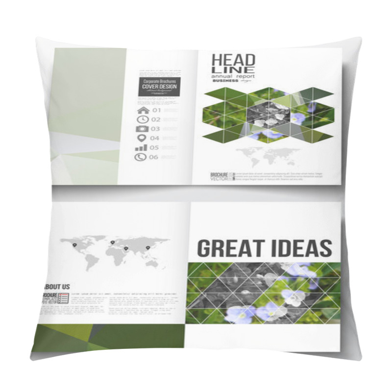 Personality  Set Of Business Templates For Brochure, Magazine, Flyer, Booklet Or Annual Report. Polygonal Floral Background, Blurred Image, Blue Flowers In Green Grass Closeup, Modern Triangular Texture Pillow Covers