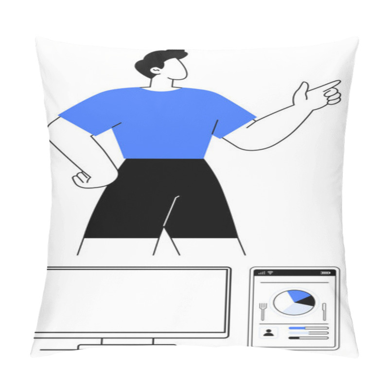 Personality  Confident Person In Blue Shirt Pointing Forward Blank Monitor And Tablet With Analytics Below. Ideal For Presentations, Tech Interfaces, Education, User Interfaces, Business Analytics, Marketing Pillow Covers