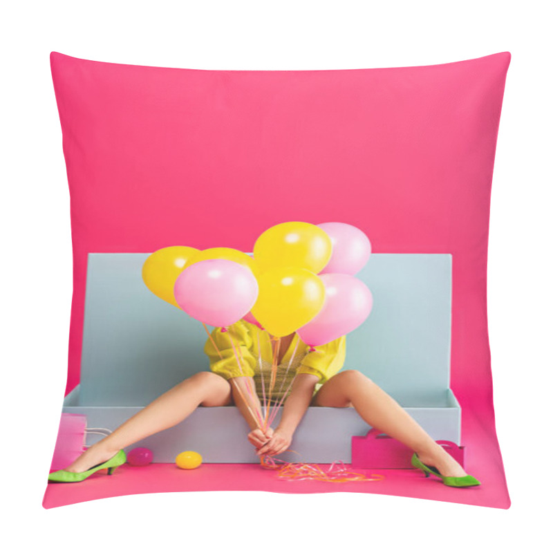 Personality  Young Woman As Doll Holding Balloons And Sitting In Blue Box With Balls And Shopping Bags, On Pink Pillow Covers