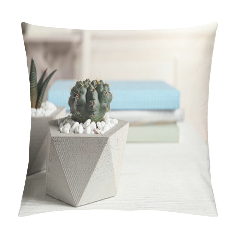 Personality  Beautiful Succulent Plants In Stylish Flowerpots On Table Indoors, Space For Text. Home Decor Pillow Covers