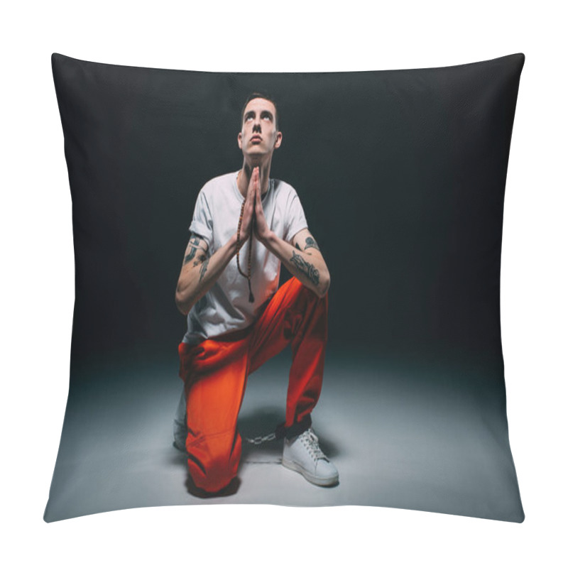 Personality  Man In Orange Pants And Cuffs Holding Rosary And Praying On Dark Background Pillow Covers