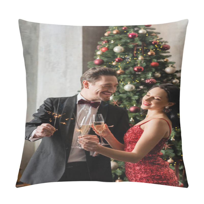 Personality  Handsome Wealthy Gentleman In Formal Attire Holding Champagne Glass Near Decorated Christmas Tree Pillow Covers