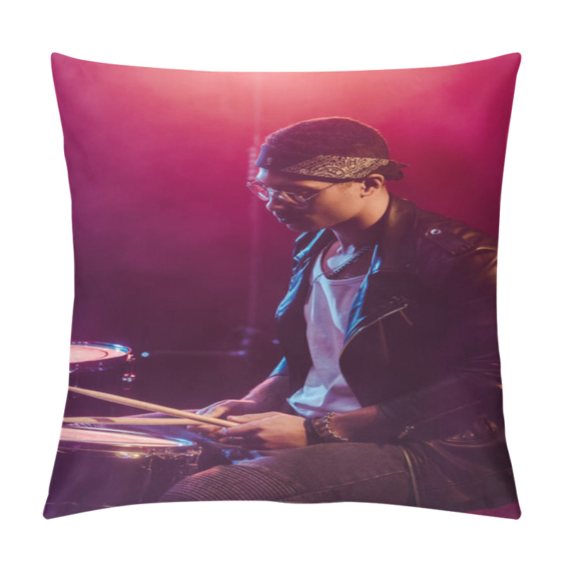 Personality  Male Musician In Leather Jacket Playing Drums During Rock Concert On Stage With Smoke And Dramatic Lighting  Pillow Covers