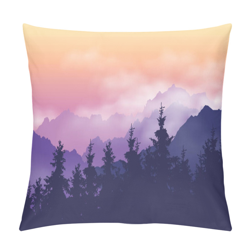 Personality  Mountain Landscape With Forest, Clouds And Fog Between Hills, Under Purple Yellow Sky With Dawn - Vector Pillow Covers