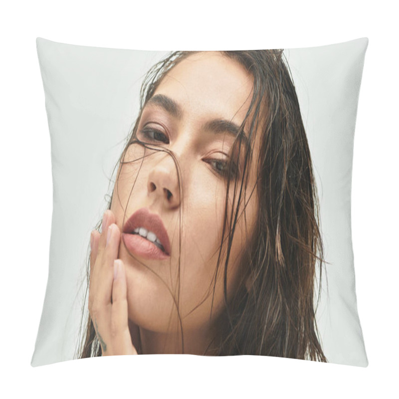 Personality  Glimmers Of Light Reflect Off Her Wet Hair As She Embraces Her Natural Beauty. Pillow Covers