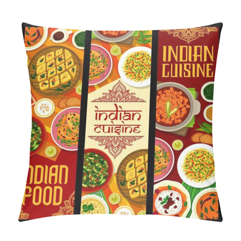 Personality  Indian Cuisine Food With Meat And Vegetable Curry Vector Banners. Corn Soup, Cabbage Salad And Cake, Chicken, Lentil, Chickpea And Okra Curry, Kulfi Ice Cream Dessert And Green Chutney Sauce Pillow Covers