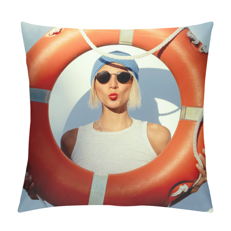 Personality  Funny Fashion Blonde On Wall Background With Orange Lifebuoy Pillow Covers