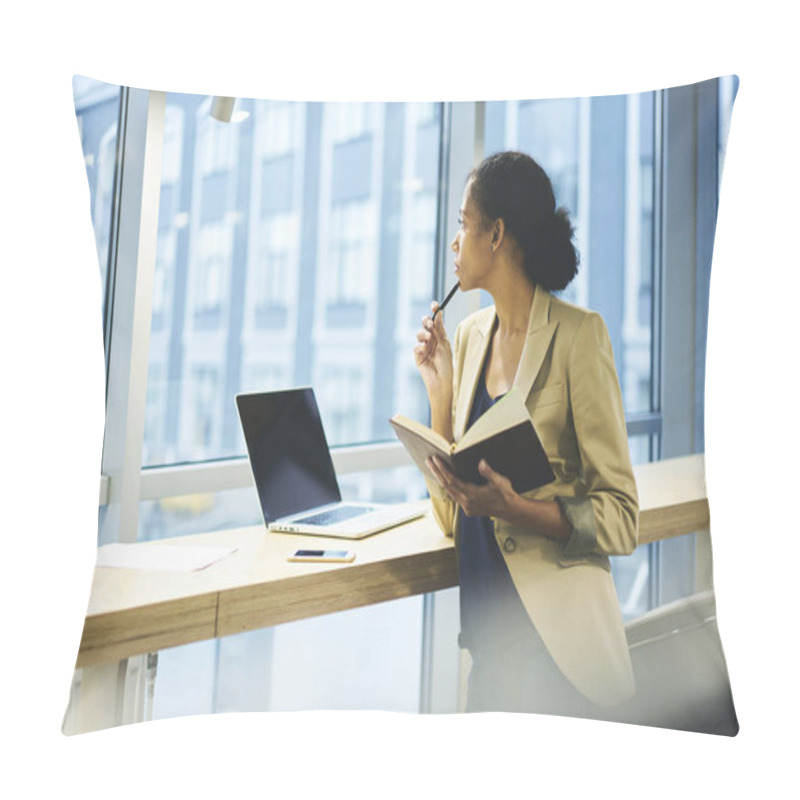 Personality  Businesswoman Connected To Wifi Standing On Copy Space For Advertising Pillow Covers