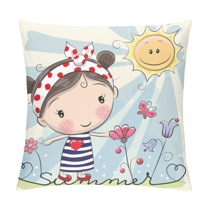 Personality  Cartoon Girl On The Meadow With Flowers Pillow Covers