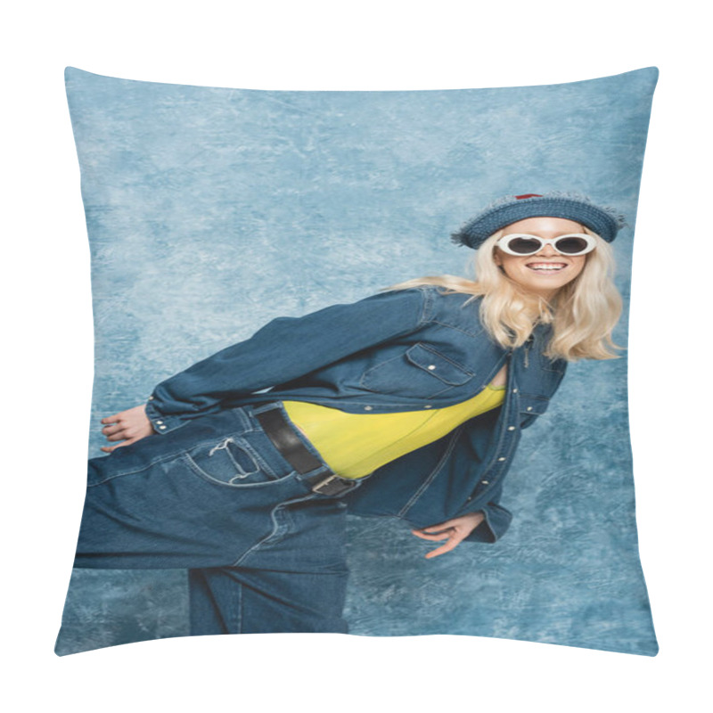 Personality  Pleased Blonde Woman In Denim Panama Hat And Sunglasses Posing Near Blue Textured Background   Pillow Covers