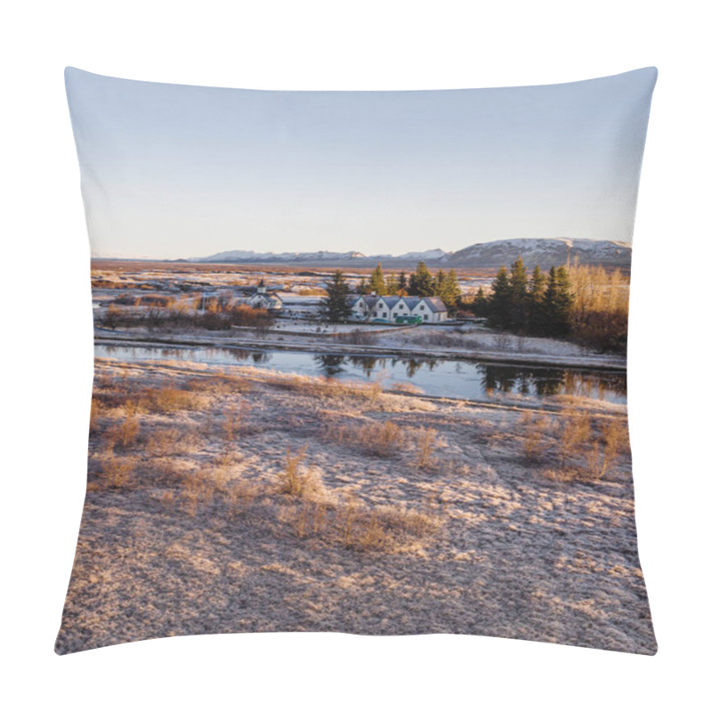 Personality  Aerial View Of A Church And Historic Buildings In Thingvellir National Park, Iceland, At Sunrise With Frosty Winter Terrain. Pillow Covers