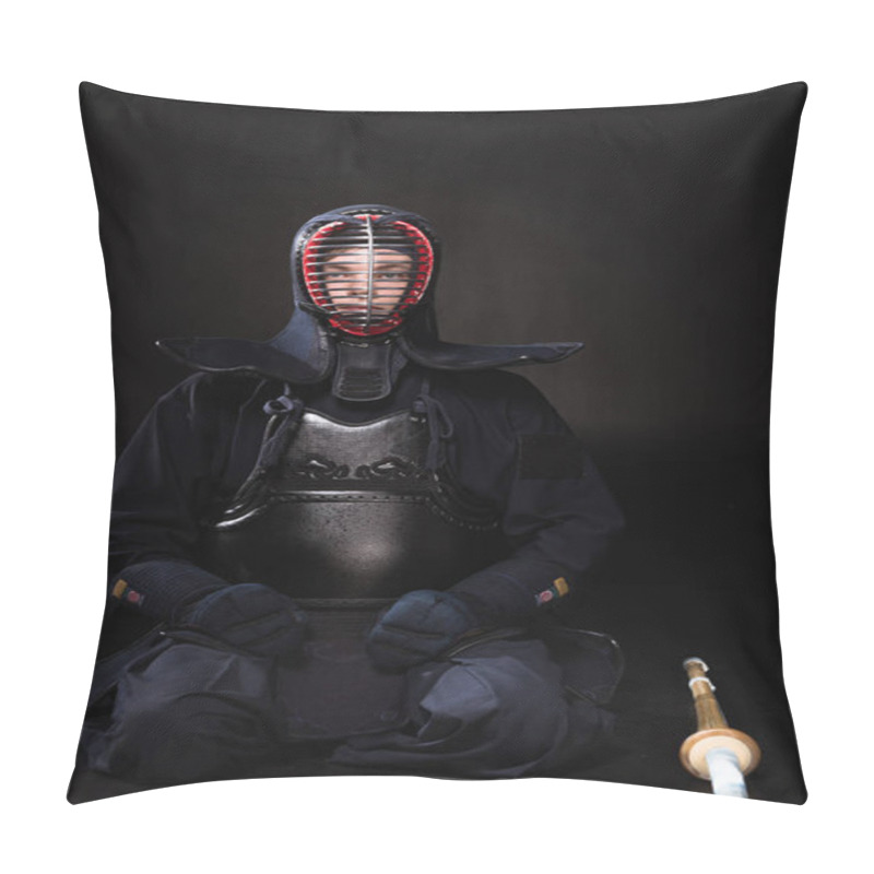 Personality  Kendo Fighter In Helmet With Bamboo Sword Sitting On Black Pillow Covers