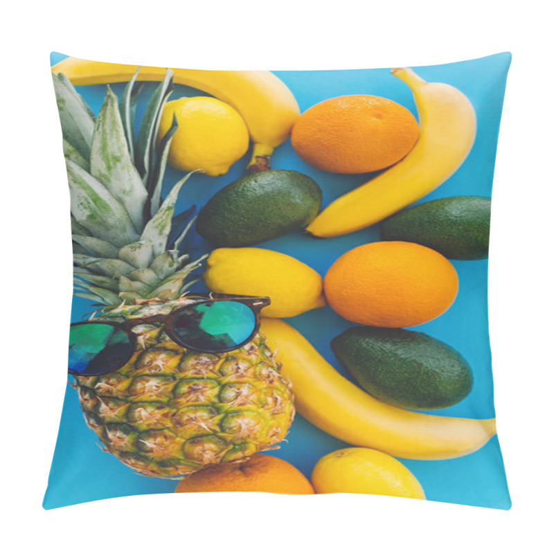 Personality  Stylish Pineapple In Sunglasses And Bananas,oranges,lemons,avocado On Blue Trendy Paper Background, Flat Lay. Summer Multi Fruit Concept, Healthy Lifestyle And Party Vibes Pillow Covers