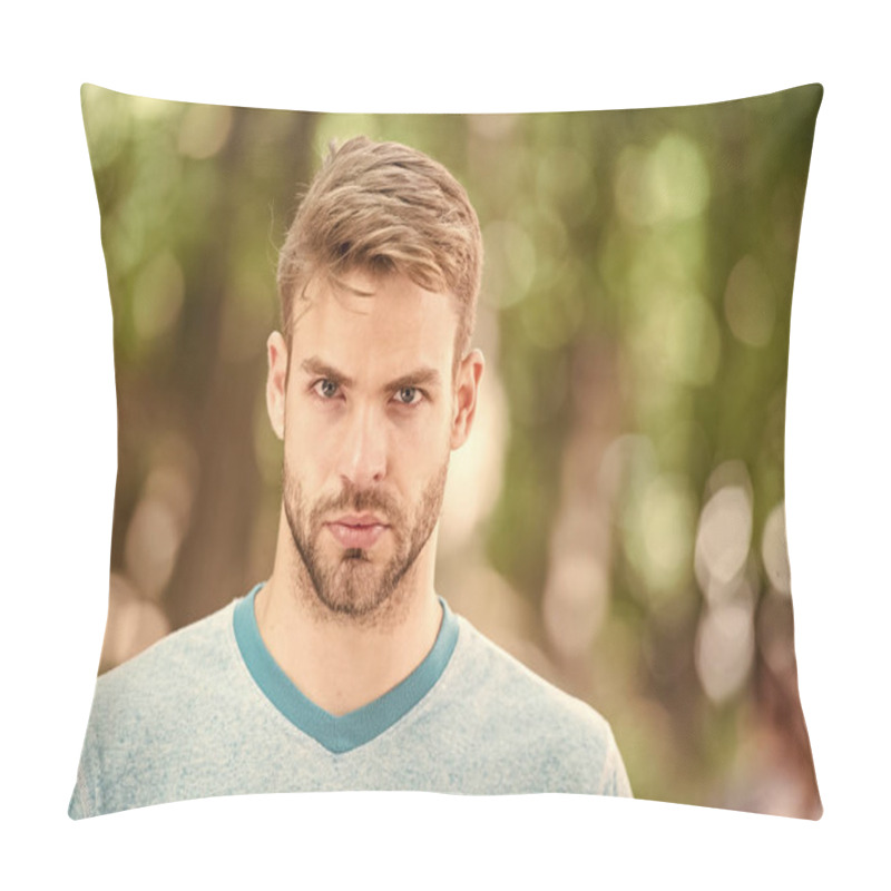 Personality  Charming Confidence. Blond Man. Man With Unshaved Mustache And Beard Hair With Stylish Haircut. Handsome Man In Casual Tshirt On Blurred Natural Background. Caucasian Man On Summer Day Pillow Covers