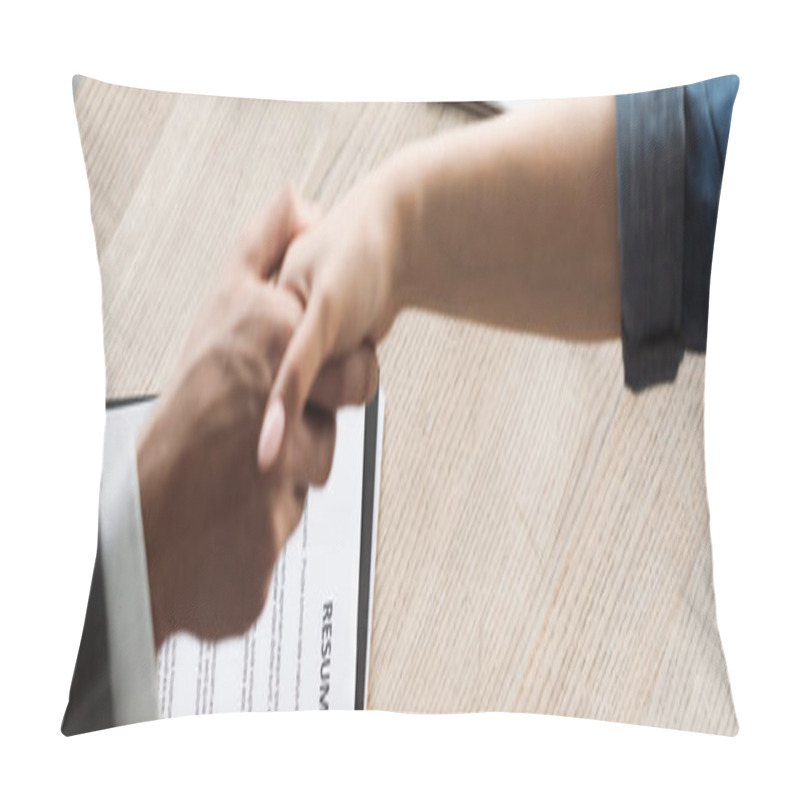 Personality  Top View Of Resume Near Job Seeker And Businessman Shaking Hands In Office, Banner  Pillow Covers