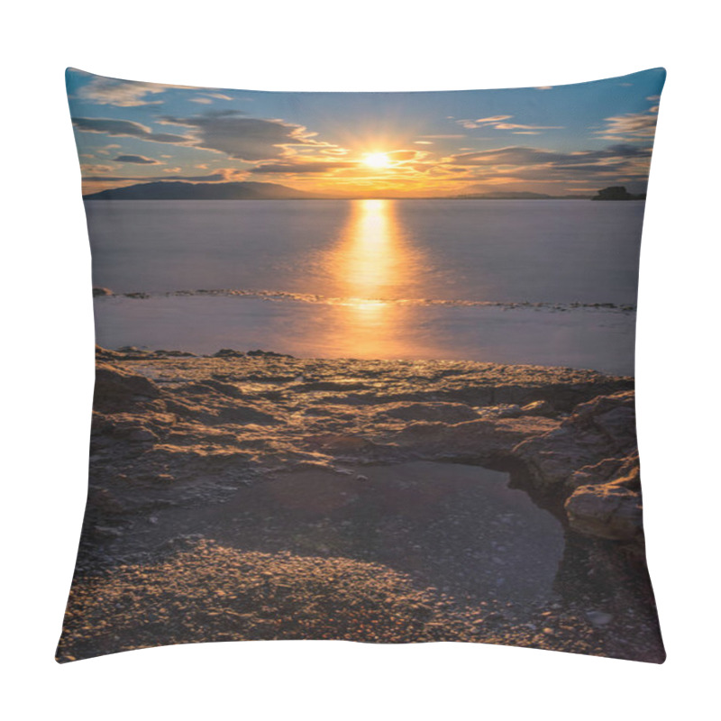 Personality  Golden Sunset Over The Malaga Coast, With Sunlight Reflecting On Calm Waters And Rocky Shore In The Foreground, Creating A Serene And Picturesque Scene. Pillow Covers