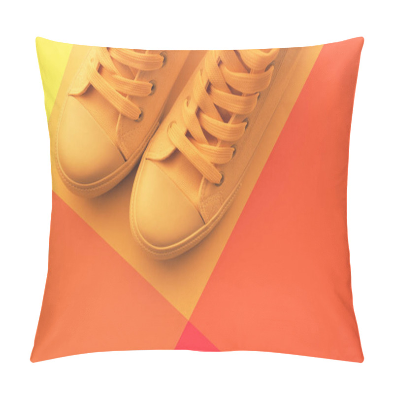 Personality  Sneaker Shoes For Youth Lifestyle Concept, Pastel Toned Yellow Footwear With Copy Space, Top View Pillow Covers